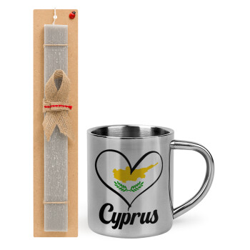 Cyprus flag, Easter Set, metallic thermal cup (300ml) & Easter aromatic flat candle (30cm) (GRAY)