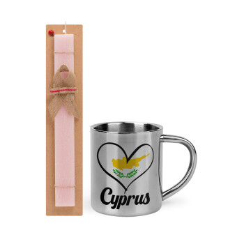 Cyprus flag, Πασχαλινή Λαμπάδα με μεταλλική κούπα θερμό (300ml) & κερί αρωματικό πλακέ (30cm) (ΡΟΖ)
