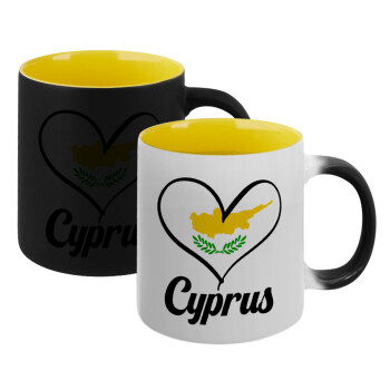 Cyprus flag, Κούπα Μαγική εσωτερικό κίτρινη, κεραμική 330ml που αλλάζει χρώμα με το ζεστό ρόφημα (1 τεμάχιο)