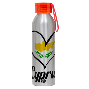 Cyprus flag, Aluminum Sports Bottle 650ml – Silver with Red Cap and Silicone Strap