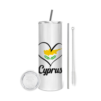 Cyprus flag, Eco friendly ποτήρι θερμό (tumbler) από ανοξείδωτο ατσάλι 600ml, με μεταλλικό καλαμάκι & βούρτσα καθαρισμού