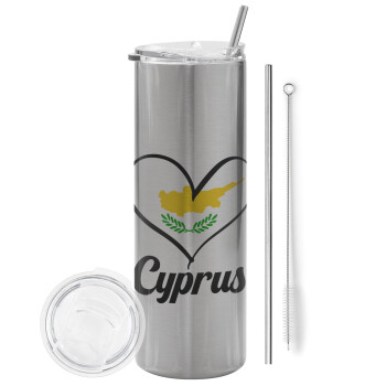 Cyprus flag, Eco friendly ποτήρι θερμό Ασημένιο (tumbler) από ανοξείδωτο ατσάλι 600ml, με μεταλλικό καλαμάκι & βούρτσα καθαρισμού