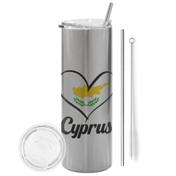Cyprus flag, Tumbler ποτήρι θερμό Ασημένιο από ανοξείδωτο ατσάλι 600ml, με μεταλλικό καλαμάκι & βούρτσα καθαρισμού