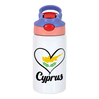 Cyprus flag, Children's hot water bottle, stainless steel, with safety straw, pink/purple (350ml)