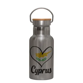 Cyprus flag, Stainless steel metallic thermos flask, silver with a bamboo lid, double-walled, 350ml.
