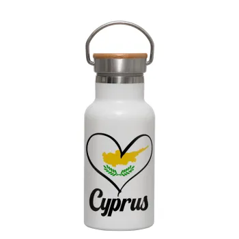 Cyprus flag, Metallic thermos (Stainless steel) White with wooden lid (bamboo), double-walled, 350ml