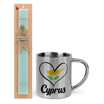 Cyprus flag, Easter Set, metallic thermal cup (300ml) & aromatic flat Easter candle (30cm) (TURQUOISE)