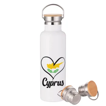 Cyprus flag, Μεταλλικό παγούρι θερμός (Stainless steel) Λευκό με ξύλινο καπάκι (bamboo), διπλού τοιχώματος, 750ml