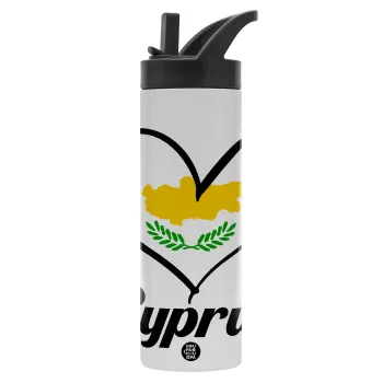 Cyprus flag, Metallic thermos bottle with straw & handle, stainless steel (Stainless steel 304), double-walled, 600ml.