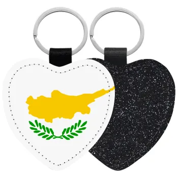 Cyprus flag, Μπρελόκ PU δερμάτινο glitter καρδιά ΜΑΥΡΟ