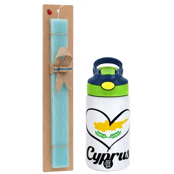Cyprus flag, Easter Set, Children's thermal stainless steel bottle with safety straw, green/blue (350ml) & aromatic flat Easter candle (30cm) (TURQUOISE)