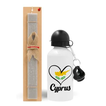 Cyprus flag, Easter Set, metallic aluminum water bottle (500ml) & aromatic flat Easter candle (30cm) (GRAY)