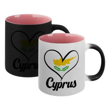 Cyprus flag, Κούπα Μαγική εσωτερικό ΡΟΖ, κεραμική 330ml που αλλάζει χρώμα με το ζεστό ρόφημα