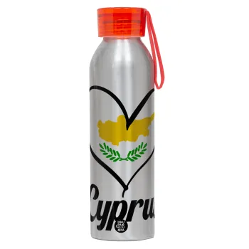 Cyprus flag, Αλουμινένιο Αθλητικό Μπουκάλι 650ml – Ασημί με Κόκκινο Καπάκι και Λουράκι Σιλικόνης