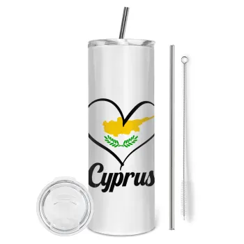 Cyprus flag, Tumbler ποτήρι θερμό από ανοξείδωτο ατσάλι 600ml, με μεταλλικό καλαμάκι & βούρτσα καθαρισμού