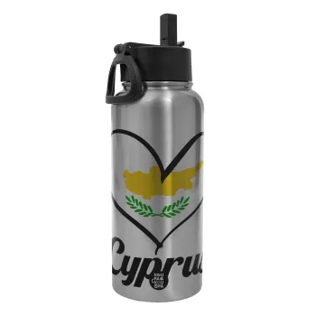 Cyprus flag, Metal mug thermo Silver with Straw and Spout Lid (Stainless steel), double wall, 950ml