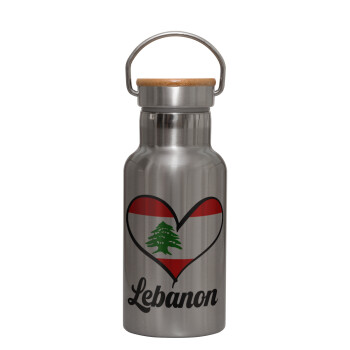 Lebanon flag, Stainless steel metallic thermos flask, silver with a bamboo lid, double-walled, 350ml.
