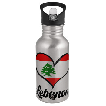 Lebanon flag, Water bottle Silver with straw, stainless steel 500ml