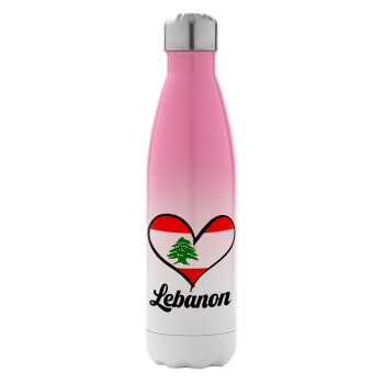 Lebanon flag, Metal mug thermos Pink/White (Stainless steel), double wall, 500ml