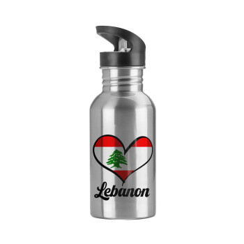 Lebanon flag, Water bottle Silver with straw, stainless steel 600ml