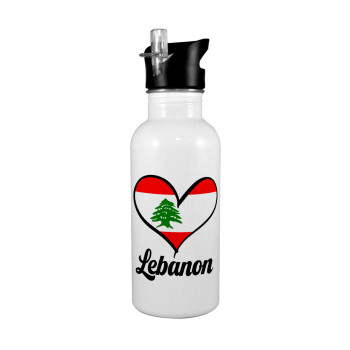 Lebanon flag, White water bottle with straw, stainless steel 600ml