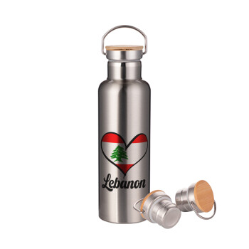 Lebanon flag, Stainless steel Silver with wooden lid (bamboo), double wall, 750ml