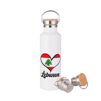 Lebanon flag, Stainless steel White with wooden lid (bamboo), double wall, 750ml