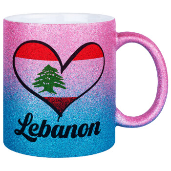 Lebanon flag, Κούπα Χρυσή/Μπλε Glitter, κεραμική, 330ml