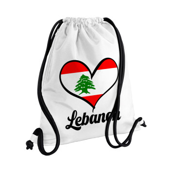 Lebanon flag, Τσάντα πλάτης πουγκί GYMBAG λευκή, με τσέπη (40x48cm) & χονδρά κορδόνια