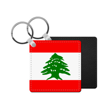 Lebanon flag, Μπρελόκ Δερματίνη, τετράγωνο ΜΑΥΡΟ (5x5cm)