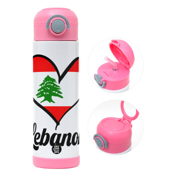 Lebanon flag, Children's hot water bottle, stainless steel, with safety straw, PINK (500ml)