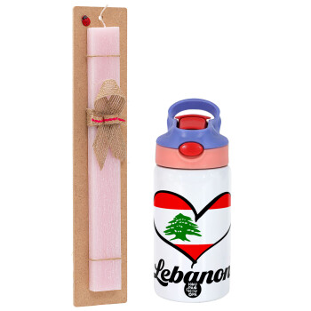 Lebanon flag, Πασχαλινό Σετ, Παιδικό παγούρι θερμό, ανοξείδωτο, με καλαμάκι ασφαλείας, ροζ/μωβ (350ml) & πασχαλινή λαμπάδα αρωματική πλακέ (30cm) (ΡΟΖ)
