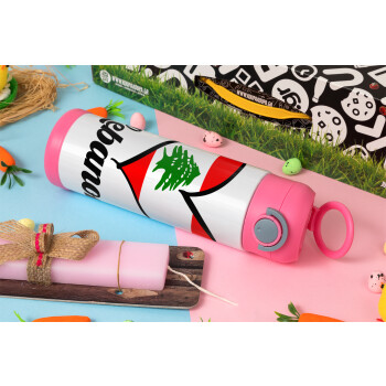 Lebanon flag, Πασχαλινή Λαμπάδα με Παιδικό παγούρι θερμό, ανοξείδωτο, με καλαμάκι ασφαλείας, ΡΟΖ (500ml)