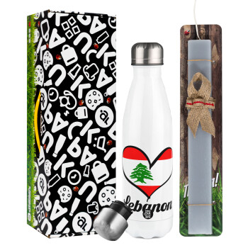 Lebanon flag, Easter candle, metallic white thermos bottle (500ml) & aromatic flat candle (30cm) (GRAY)