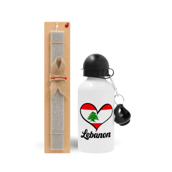 Lebanon flag, Easter Set, metallic aluminum water bottle (500ml) & aromatic flat Easter candle (30cm) (GRAY)