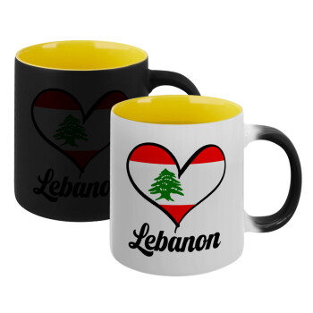 Lebanon flag, Κούπα Μαγική εσωτερικό κίτρινη, κεραμική 330ml που αλλάζει χρώμα με το ζεστό ρόφημα (1 τεμάχιο)