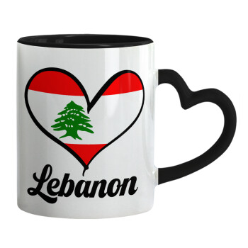 Lebanon flag, Κούπα καρδιά χερούλι μαύρη, κεραμική, 330ml