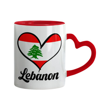 Lebanon flag, Κούπα καρδιά χερούλι κόκκινη, κεραμική, 330ml