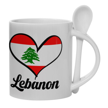 Lebanon flag, Ceramic coffee mug with Spoon, 330ml (1pcs)