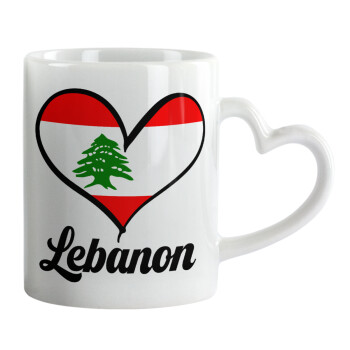 Lebanon flag, Κούπα καρδιά χερούλι λευκή, κεραμική, 330ml