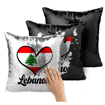 Lebanon flag, Μαξιλάρι καναπέ Μαγικό Μαύρο με πούλιες 40x40cm περιέχεται το γέμισμα