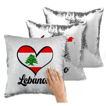 Lebanon flag, Μαξιλάρι καναπέ Μαγικό Ασημένιο με πούλιες 40x40cm περιέχεται το γέμισμα