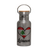 Stainless steel metallic thermos flask, silver with a bamboo lid, double-walled, 350ml.