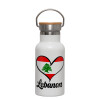 Metallic thermos (Stainless steel) White with wooden lid (bamboo), double-walled, 350ml