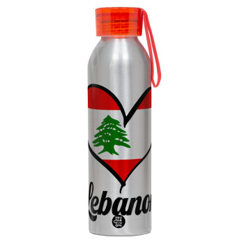 Lebanon flag, Αλουμινένιο Αθλητικό Μπουκάλι 650ml – Ασημί με Κόκκινο Καπάκι και Λουράκι Σιλικόνης