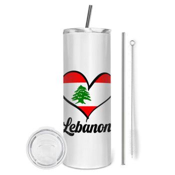 Lebanon flag, Tumbler ποτήρι θερμό από ανοξείδωτο ατσάλι 600ml, με μεταλλικό καλαμάκι & βούρτσα καθαρισμού
