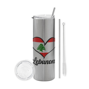 Lebanon flag, Eco friendly ποτήρι θερμό Ασημένιο (tumbler) από ανοξείδωτο ατσάλι 600ml, με μεταλλικό καλαμάκι & βούρτσα καθαρισμού