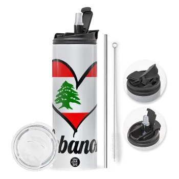 Lebanon flag, Travel Tumbler 2 Lids, with metal straw & cleaning brush (Stainless steel 304 Food grade, BPA free, 600ml)