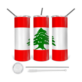 Lebanon flag, 360 Eco friendly ποτήρι θερμό (tumbler) από ανοξείδωτο ατσάλι 600ml, με μεταλλικό καλαμάκι & βούρτσα καθαρισμού