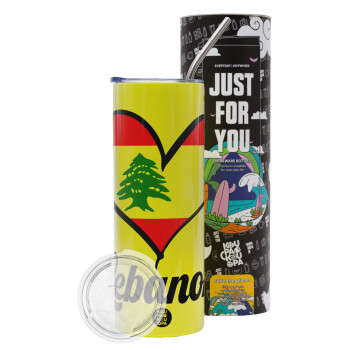 Lebanon flag, Neon Yellow Travel Tumbler θερμό, μεταλλικό καλαμάκι(Ανωξείδωτο 304 Food grade, BPA free, 600ml)